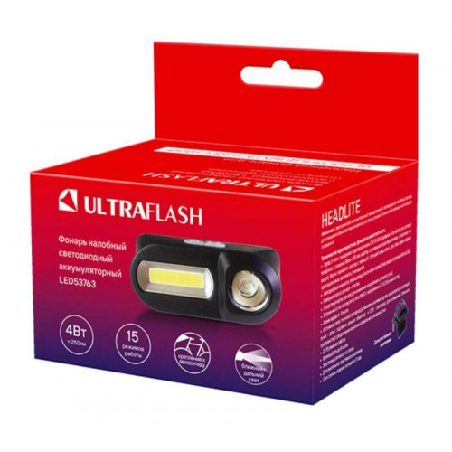 Фонарь налобный Ultraflash 14504 LED53763 XPE + COB, 6 Вт, черный