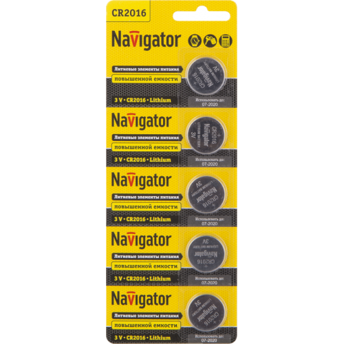 Батарейка литиевая Navigator CR2016 94763 NBT-CR2016-BP5, 3 В, 80 мА·ч, блистер 5 шт.