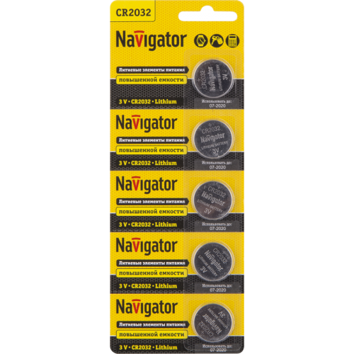 Батарейка литиевая Navigator CR2032 94765 3V 210 мА·ч (блистер 5 шт.)