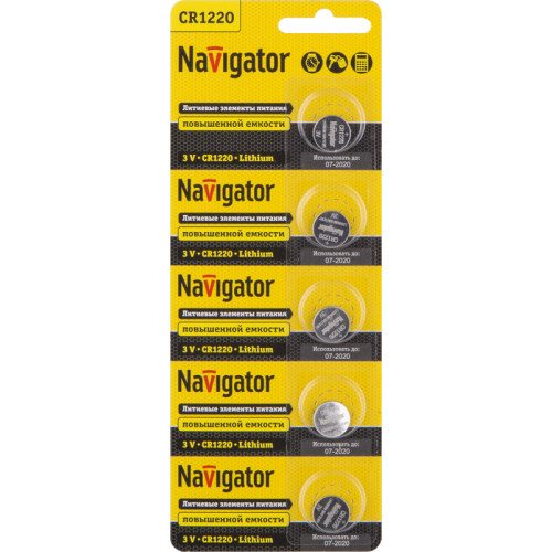 Элемент питания литиевый Navigator CR1220 94778, 3 В, 30 мА·ч, блистер 5 шт.