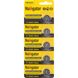Батарейка литиевая Navigator CR1620 94780, 3 В, 58 мА·ч, блистер 5 шт