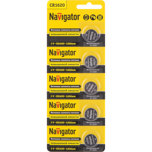 Батарейка литиевая Navigator CR1620 94780, 3 В, 58 мА·ч, блистер 5 шт