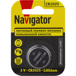Литиевый элемент питания NAVIGATOR CR2025 93822 3В 80мАч блистер 1шт