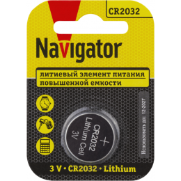 Элемент питания литиевый NAVIGATOR CR2032 93 823 NBT-CR2032-BP1 3В 150 мА·ч 93823
