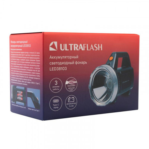 Фонарь аккумуляторный Ultraflash LED38103 16218, пластик, черный, 155 мм