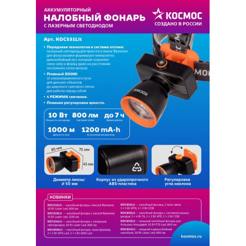 КОСМОС KOC531Lit Фонарь налобный 1000 лм, IP44, 1200 мАч