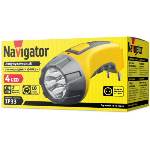 NAVIGATOR 94951 NPT-CP03-ACCU 4LED, аккумуляторный фонарь 4В 500мА·ч, пластик